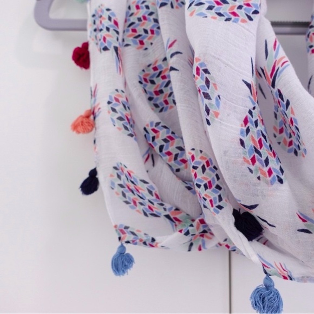 Loft Outlet Mosaic Pineapple Print Infinity Scarf w/ Multicolor Tassel Trim - Picture 4 of 10